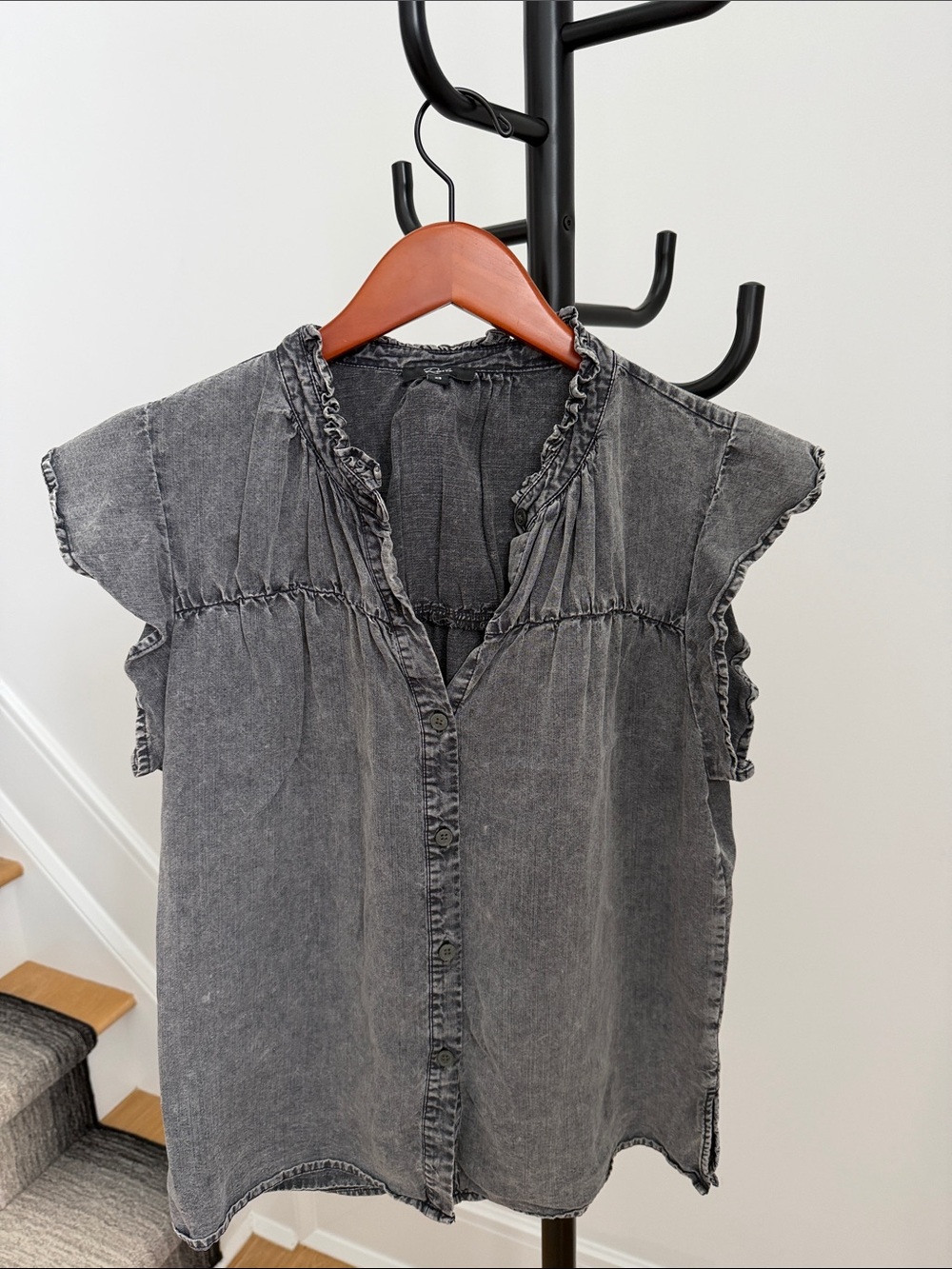Rails Washed Black Ruffle-Trim Cap Sleeve Button Front Top